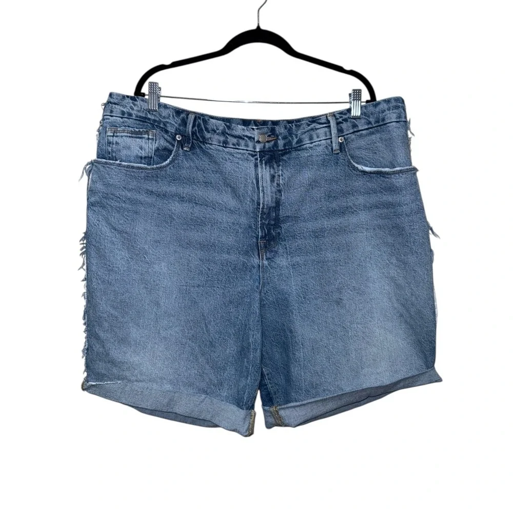 Good American 90s Mid Rise Baggy Denim Jean Shorts Women Size 18 Blue Distressed